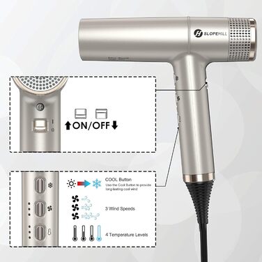 Фен для волосся Slopehill з безщітковим двигуном, Oxy Active Technology, LED-дисплеєм, 2000 Вт, колір Champagne Gold