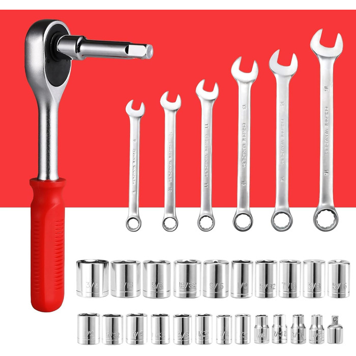 Набір інструментів TLGREEN 198 предметів у кейсі: побутовий, з тріскачкою, набором головок, викрутками – червоно-чорний