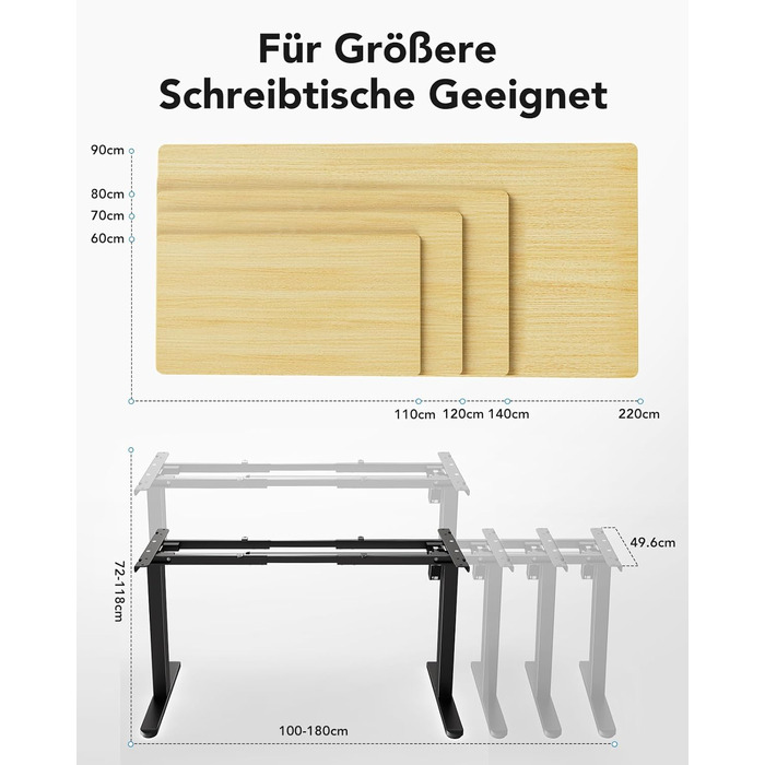 Регульований стіл-рама HUANUO з безщітковим мотором, вантажопідйомність 100 кг, для стільниць 110x200 см, чорний