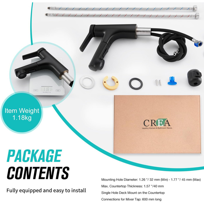 Сучасний змішувач для ванної кімнати CREA з висувною лійкою, 2 режими струменя, одноlever, з міді з хромовим покриттям (чорний)