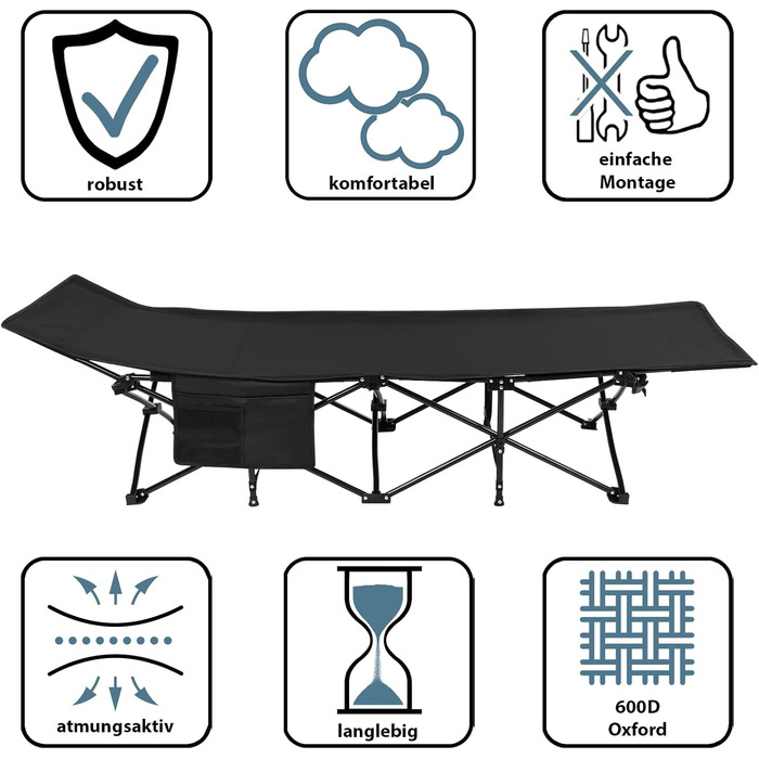 Розкладне кемпінгове ліжко ALPIDEX до 200 кг з м'яким матрацом та бічною кишенею, чорне