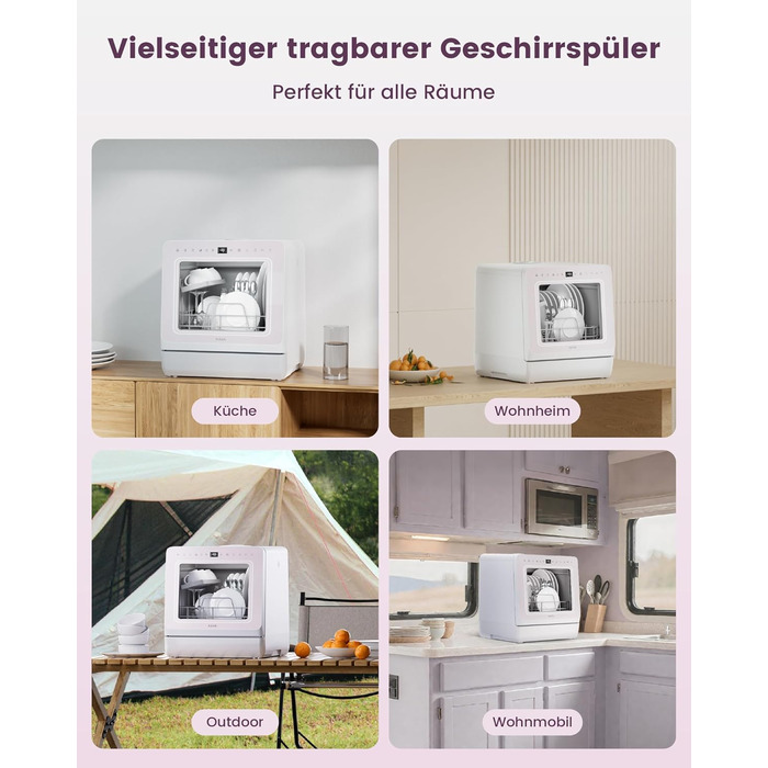Посудомийна машина HAVA для столу з пом'якшувачем води та підвищеною енергоефективністю, 8 програм миття, блокування від дітей та відкладений старт, не потребує встановлення - ніжний лавандовий колір, TDJR09