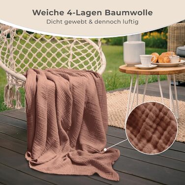 Плед LAYNENBURG Premium з мусліну, 100% бавовна, 150x200 см, мокко | Легка літня ковдра, плед для дивана, тепла софа-ковдра