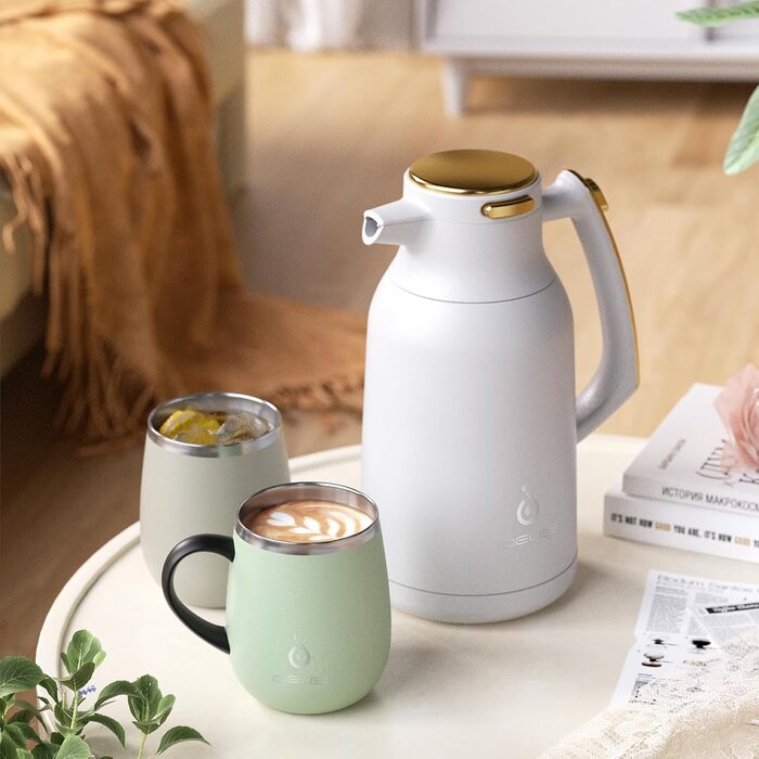 Термос IDEUS 2л з нержавіючої сталі, двостінний, вакуумна ізоляція, для кави та чаю, BPA-free, колір Celadon (білий та золотий)