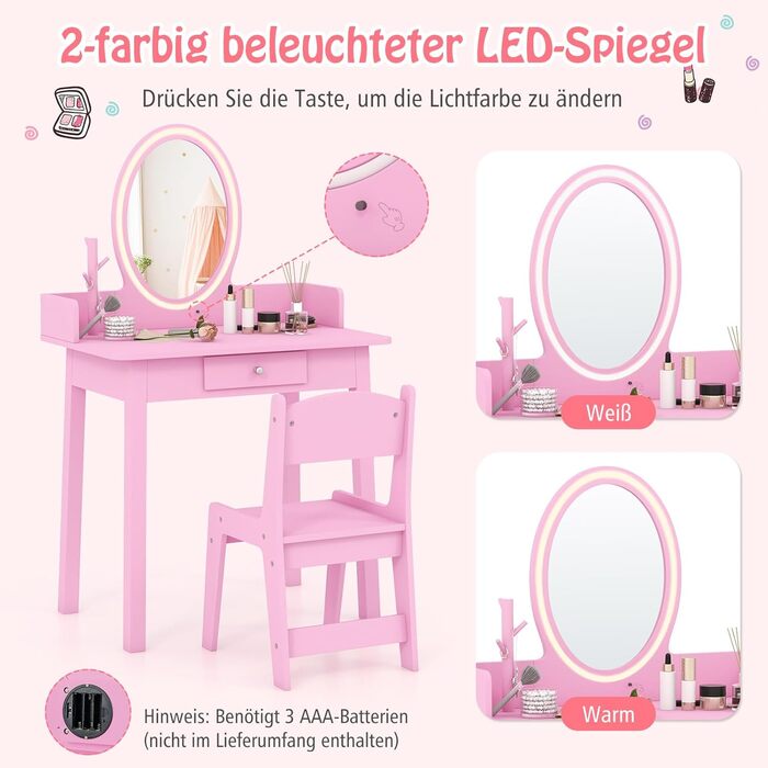 Дитячий туалетний столик DREAMADE з LED-дзеркалом та ніжками з бука, принцесовий туалетний столик з шухлядою та стійкою для прикрас, дитячий туалетний столик з пуфом для дівчаток (Рожевий)