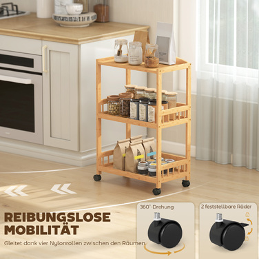 Візок для кухні на колесах з 3 ярусами, сервірувальний візок з місцем для зберігання, кухонна полиця на колесах, для кухні, ванної кімнати, офісу, з натурального дерева.