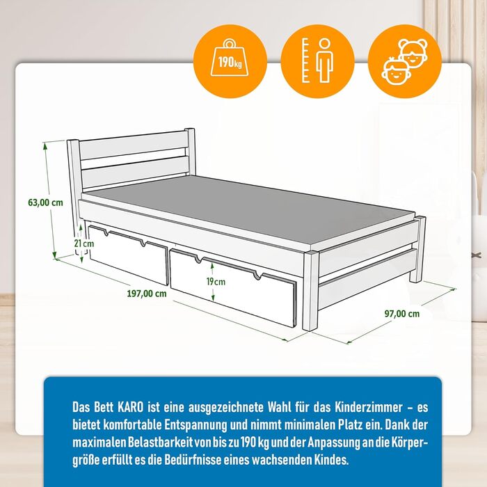 Дитяче ліжко Врубель 90x200 см з 2 шухлядами та ламелями - односпальне ліжко з масиву сосни - ліжко Монтессорі для дітей - ліжко-юніор білого кольору - без матрацу