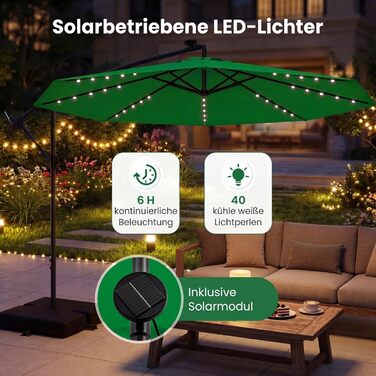 Садова парасолька COSTWAY 300 см з підставкою та LED-підсвіткою, підвісна парасолька-амбрела з ручкою, захист від UV, для тераси, басейну та двору, бежевий/зелений