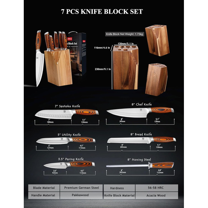 Набір ножів Wildmok 7 шт. з нержавіючої сталі, з ручками з пакавуду, для кухні