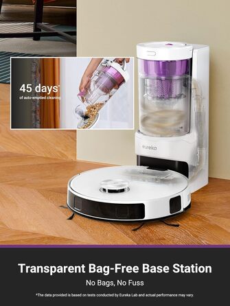 Робот-пилосос EUREKA E20 Plus з самостійною станцією спустошення, 8000Pa, функція миття підлоги, 45 днів автономної роботи, захист від заплутування волосся, AI 3D уникнення перешкод, підходить для світлих підлог
