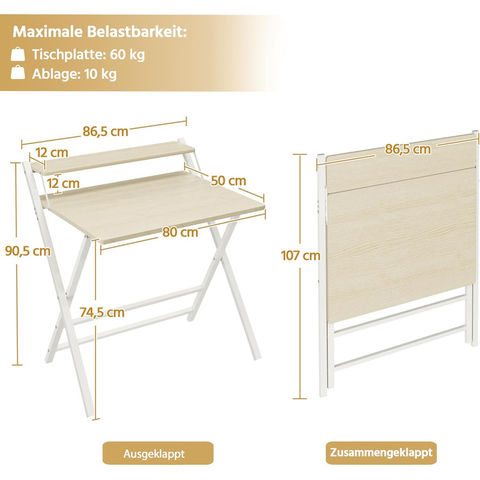 Зкладний стіл Yaheetech 80 см для комп'ютера з полицею, двоярусний робочий стіл з підставкою для монітора, стіл для ноутбука для дому/маленьких кімнат/вітальні, білий/80 см x 50 см, білий (світле дерево)