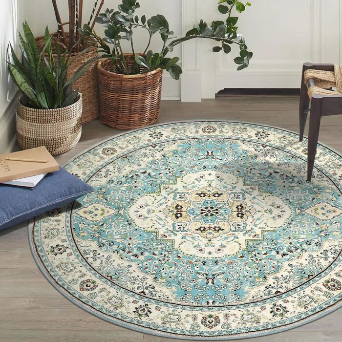 Круглий вінтажний килим Boho Mandala Nyescasa, нековзний короткий ворс, який можна прати, бежевий/бірюзовий, 120 см