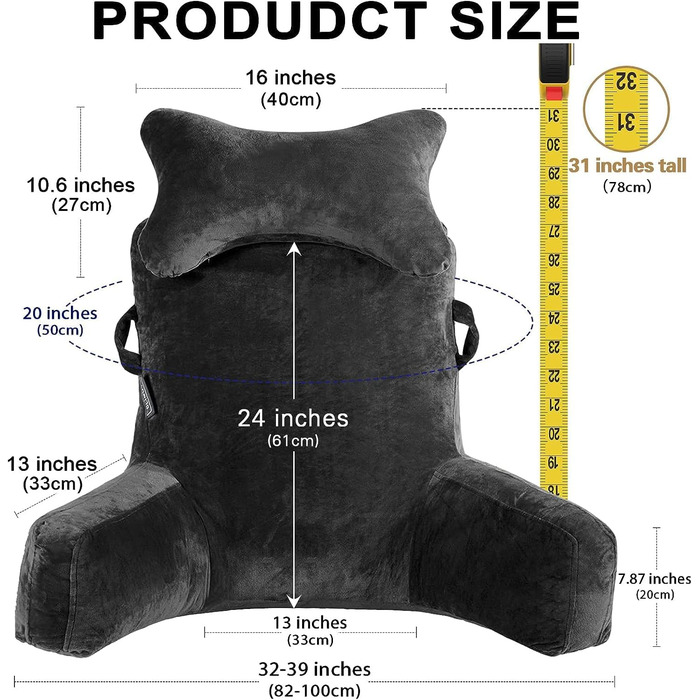 Крісло-мішок для читання, велике (78,7 см), з підголовником та підлокітниками, сіре для читання, перегляду телевізора, дорослих