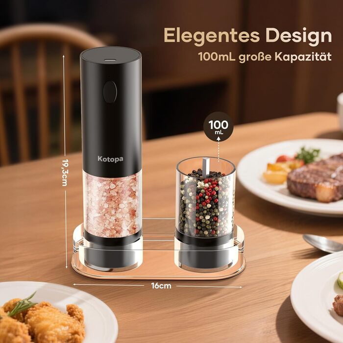 Електричні солі та перечні млини 2 шт. (чорні) з регулюванням помелу, LED-підсвічуванням та великим резервуаром 100 мл