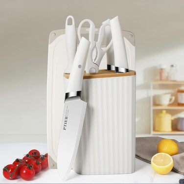 Набір кухонних ножів 7 предметів: сталеві ножі з підставкою, антикорозійні, антипригарні, гострі. З дощечкою та ножицями