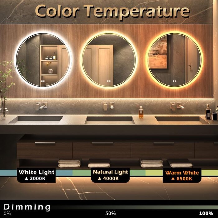 LED дзеркало для ванної кімнати KWW, регульована колірна температура, протитуманне, диммування, 60x60 см