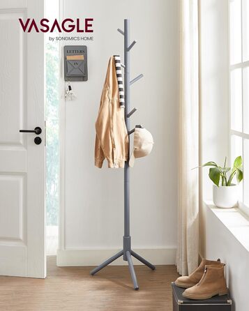 Дзеркало-вішалка для одягу VASAGLE з масиву дерева, сірого кольору, 8 гачків, 3 регульовані висоти, для вітальні, спальні, офісу