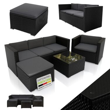 Садовий комплект меблів Juskys Polyrattan Punta Cana для 4-5 осіб: диван, крісло, пуф, стіл, подушки - чорний/сірий