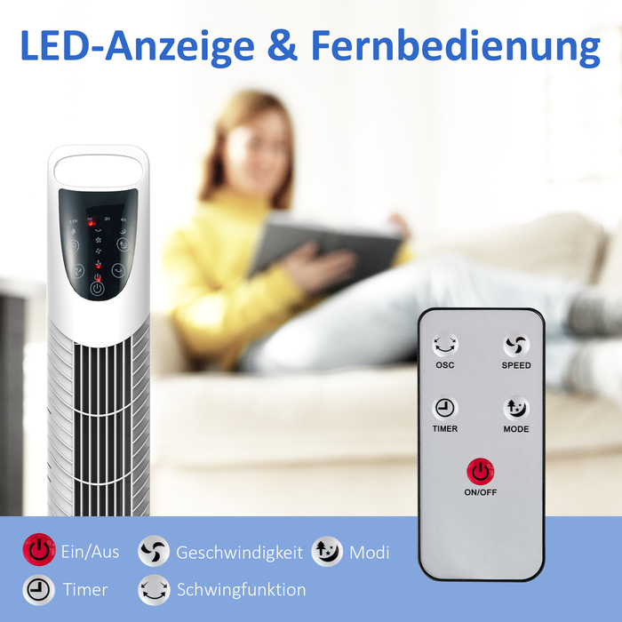 Вежа-вентилятор, 3 режими роботи, безшумний режим, таймер, пульт керування, 18x78,5 см, білий