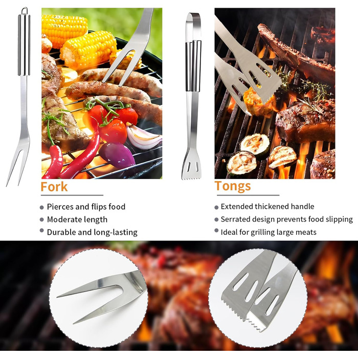 Набір гриль-посуду, 28 предметів, нержавіюча сталь, професійний аксесуар для грилю з сумкою, подарунок на день народження/Новий рік для чоловіків, для саду та кемпінгу, BBQ (срібний)