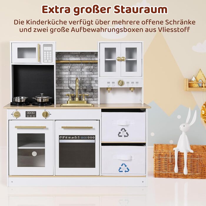 Дерев'яна дитяча кухня MAMIZO з підсвіткою та звуком, 90x30x90 см, з аксесуарами та 2 ящиками для зберігання, іграшка для дітей від 3 років, білий колір