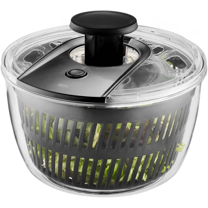 Салатниця-швидкообертач GEFU з кришкою для зберігання | 3л пластикова чаша з вбудованим ситом та ручним приводом | Чорний/Сірий колір