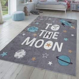 Дитячий килим tt Home, плоска тканина для дитячої кімнати, з ракетним мотивом і висловом, сірий, Розмір (180x280 см)