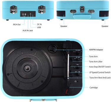 Вініловий програвач з Bluetooth 5.4, вбудованими динаміками, USB, RCA/AUX, переносний у ретро-стилі, 33/45/78 об/хв, синій