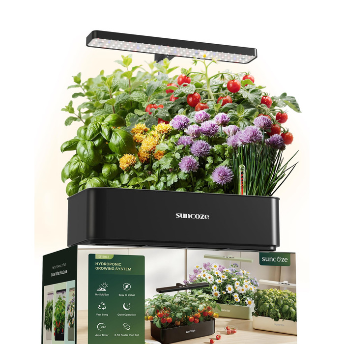 SUNCOZE Гідропонна система вирощування, набір для вирощування трав в приміщенні з LED-лампою, Smart Garden на 12 касет, 4L резервуар для води, регульована висота, тиха інтелектуальна помпа, для дому, кухні, чорний