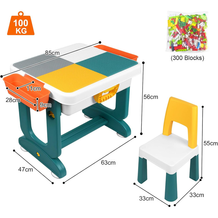 Дитячий стіл 5-в-1 з кріслами: ігровий стіл, навчальний стіл з місцем для зберігання та кубиками. Версія A