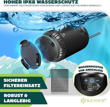 Соняшний душ KESSER® з насосом та акумулятором 8000mAh. Комплект для кемпінгу: регульована лійка, шланг 2м, пістолет-пульверизатор, кріплення. Без бака (Чорний/Чорний)