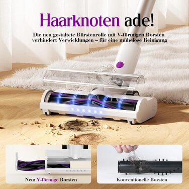 Бездротовий акумуляторний пилосос 45000 Па, 60 хв, 1,75 кг, 6-в-1 з сенсорним екраном, LED-підсвіткою, антизаплутувальною щіткою та зарядною станцією, 7-шарова фільтрація для шерсті тварин, килимів, твердих поверхонь, авто, білий з фіолетовим