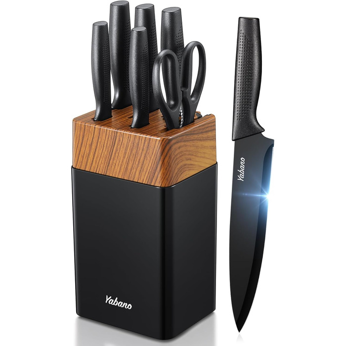 Набір кухонних ножів Yabano 7 предметів з підставкою та точилкою, кухонний набір ножів з чорним пластиковим блоком