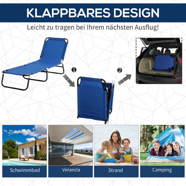Шезлонг для відпочинку на сонці з сонцезахистом, складаний, з регульованою спинкою, металевий каркас, розміри 187 x 58 x 36 см, блакитний