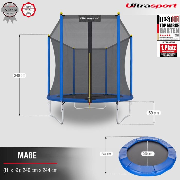 Батут Ultrasport Uni-Jump 460 см для дітей та дорослих (до 150 кг) з сіткою, захисним покриттям та комплектом для монтажу | Садовий батут