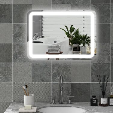 Дзеркало для ванної кімнати HOMCOM з підсвічуванням 50 x 70 см, LED, 3 кольори світла, сенсорне управління, функція пам'яті, антизапар, срібло