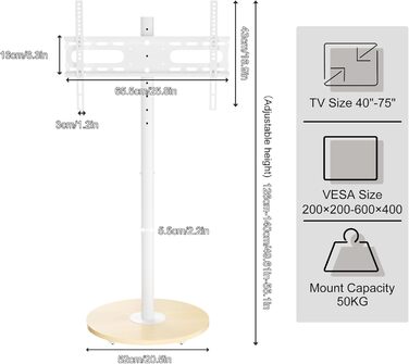 Підставка для телевізора Unho з регульованою висотою, біла, на коліщатках, для екранів 40-75 дюймів, VESA 600x400 мм, до 50 кг