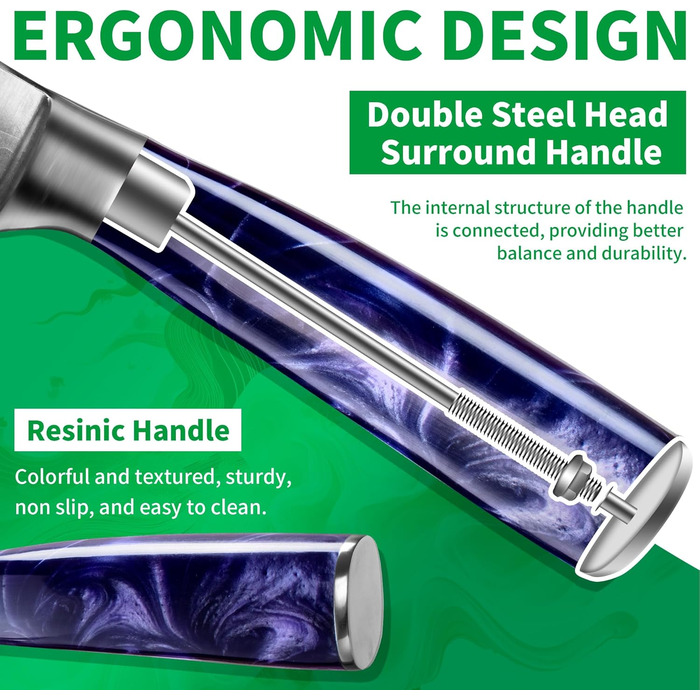 Набір кухонних ножів Fullhi 14 предметів з бруском та чохлом, набір кухонних ножів для приготування стейків, кольорова ручка (фіолетовий смоляний)