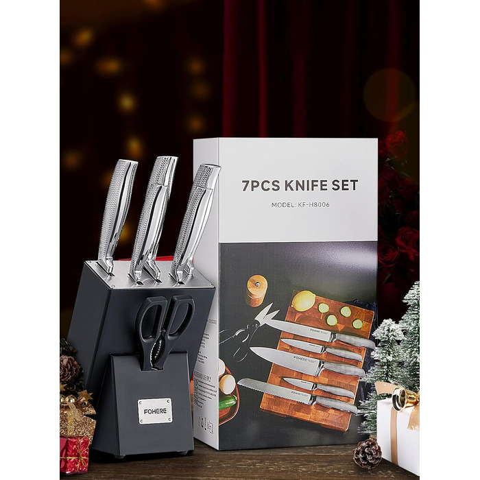 Набір ножів FOHERE 7 предметів з автозаточкою, професійний кухонний набір, з дерев'яним блоком, нержавіюча сталь, ергономічні ручки, ідеальний подарунок