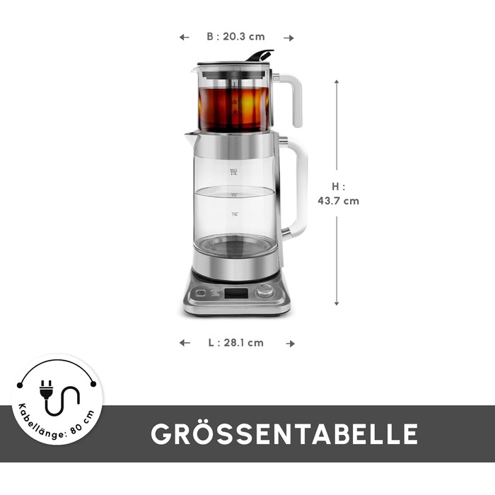 Електричний чайник та заварник Karaca X Refika XL з автоматичним регулюванням температури, 2л, 0.8л, 2200W, хром