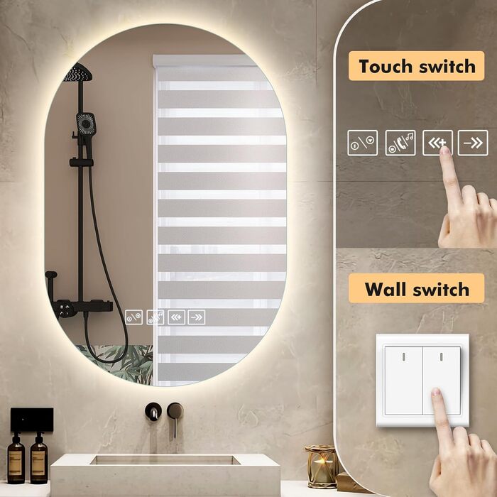 Дзеркало для ванної кімнати 600 мм з підсвічуванням, регульоване, з сенсорною кнопкою, функцією запобігання запотіванню та таймером | IP44, вологостійке, для ванної кімнати, готелю, кругле (Музика 500 мм 750 мм)