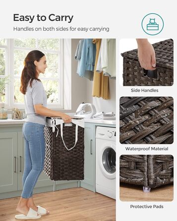 Кошик для білизни Songmics з кришкою, 90 л, з 6 мішечками, з лози, коричневий