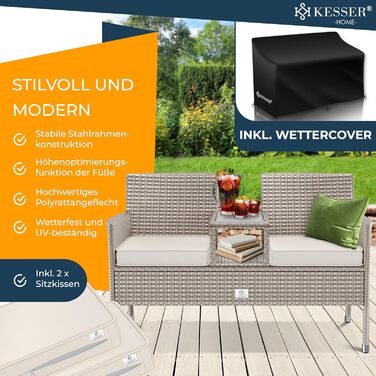 Садова банкетка KESSER® з ротангу на 2 особи з інтегрованим столиком, 143×63×88 см - стійка до погодних умов, комплект з подушками та чохлами (сірий)