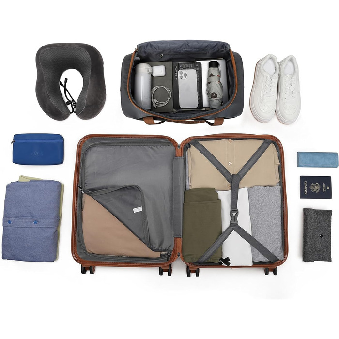 KONO Набір валіз 4 шт. з жорстким корпусом та TSA замком. Валізи середнього та великого розміру, ручна поклажа, 40x20x25 см, сірий/коричневий. Набір валіз Trolley Set