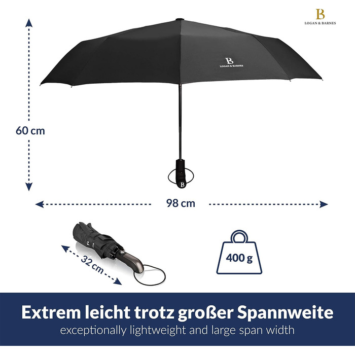 Парасолька складна LOGAN & BARNES до 140 км/год, з тефлоновим покриттям, модель Manchester (Black)