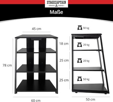 Регульована стійка Stagecaptain для Hi-Fi обладнання з 4 рівнями, чорне дерево, сталевий каркас, витримує до 50 кг
