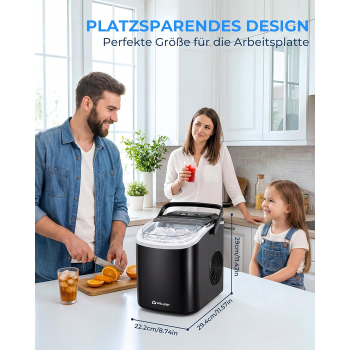 Льодогенератор Klarstein Ice Maker – Швидке виробництво льоду (12 кг/24 год), 2 розміри кубиків, самоочищення, для дому, кухні, офісу, бару – Чорний
