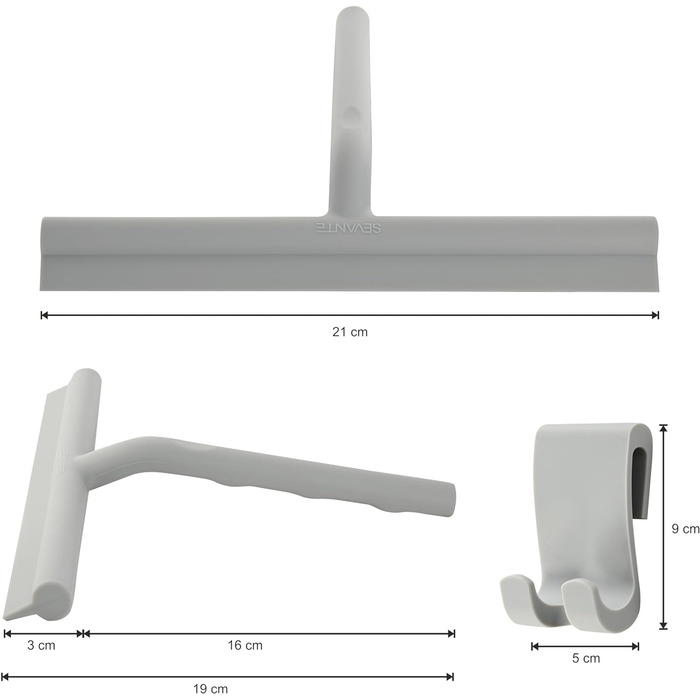 Ракель для душу SEVANTE - Силіконовий віконний ракель - Аксесуари для ванної кімнати - Душовий ракель з кронштейном - Ракель для душу, скла та дзеркала - Ракель для душової кабіни - (світло-сірий, 21 см)