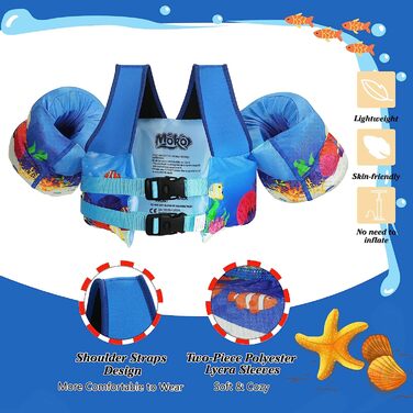 Дитячі плавальні крила MoKo, мультяшний рятувальний жилет з плечовим ременем, куртка для тренувань з плавання, плавальний купальник, аксесуари для плавання з подвійною пряжкою для хлопчиків і дівчаток, для дітей вагою 30-70 фунтів, синій і Русалочий