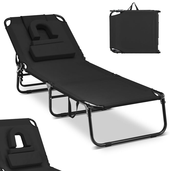 Лежак для відпочинку Costway з отвором для обличчя, розкладний, з 3 знімними подушками та регульованою спинкою, для саду та басейну (Чорний)